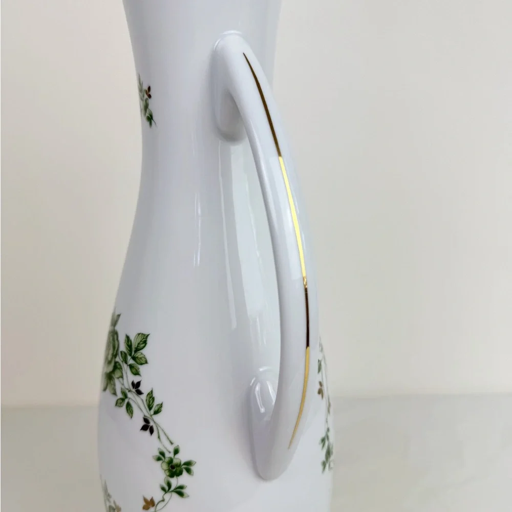 Hollohaza Hungary Erika Green Floral Handled Porcelain Vase